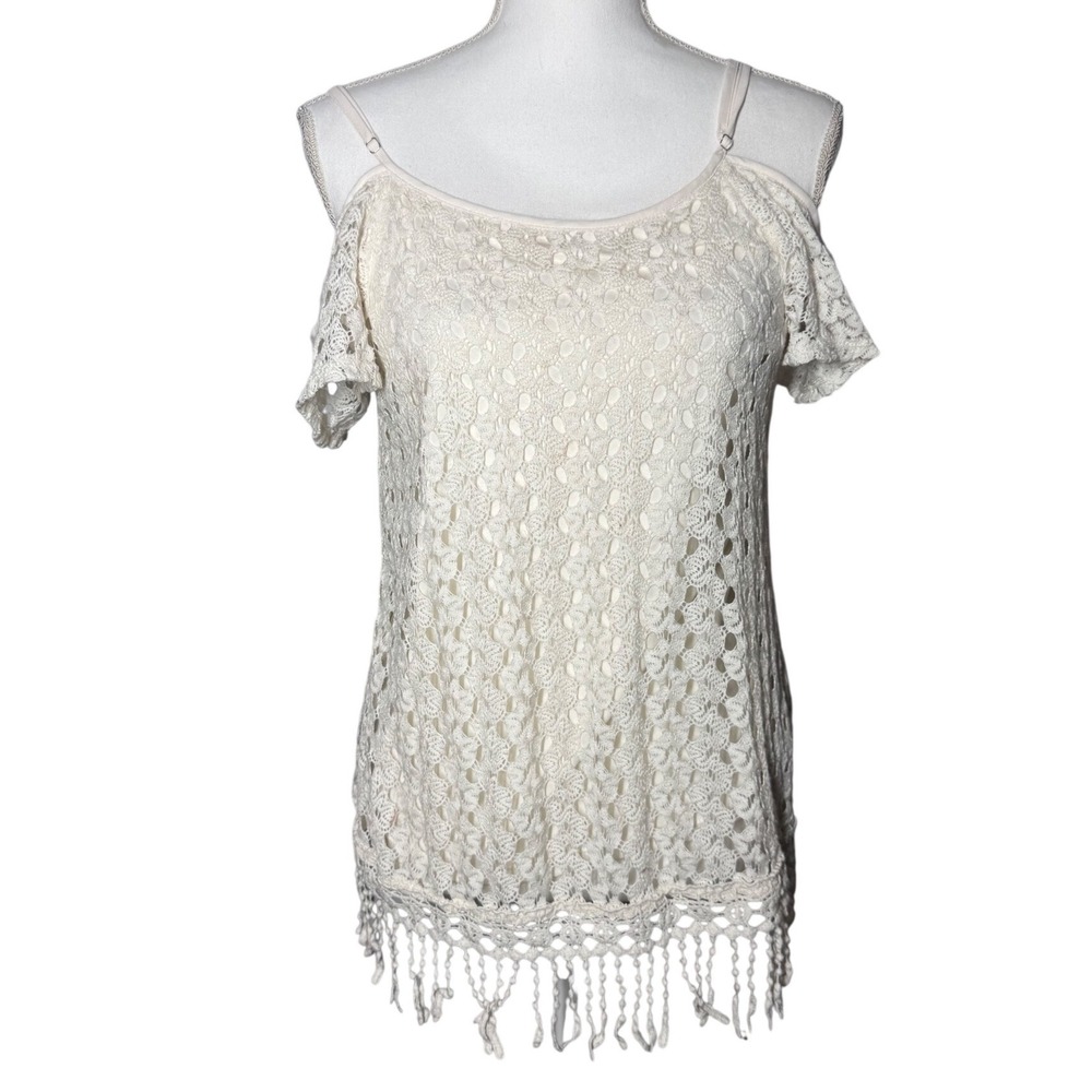 Charming Charlie Cold Shoulder Crochet Lace Tassel Top S Ivory Boho Fringe